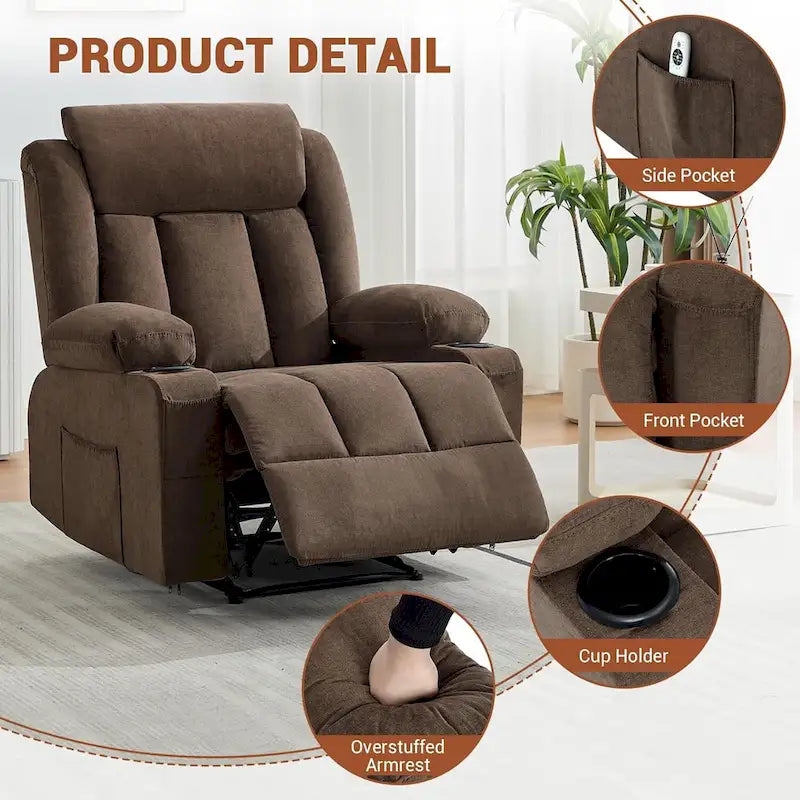 Recliner Chair with Massage Heating Overstuffed Deep Seat Rocker Blue Grey Brown