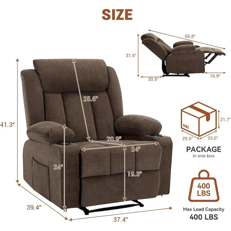 Recliner Chair with Massage Heating Overstuffed Deep Seat Rocker Blue Grey Brown