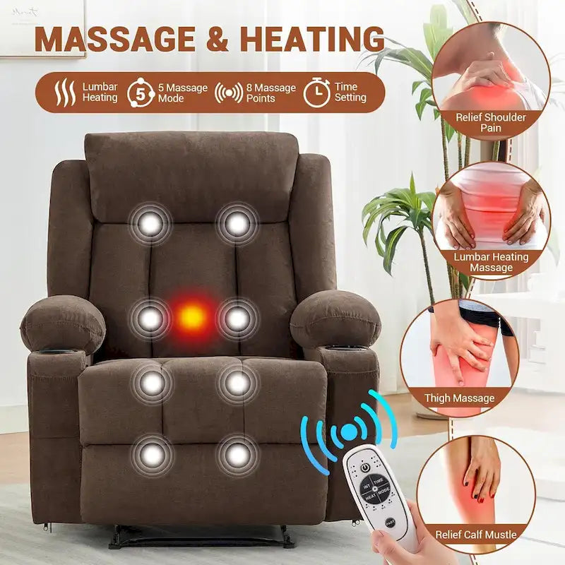 Recliner Chair with Massage Heating Overstuffed Deep Seat Rocker Blue Grey Brown