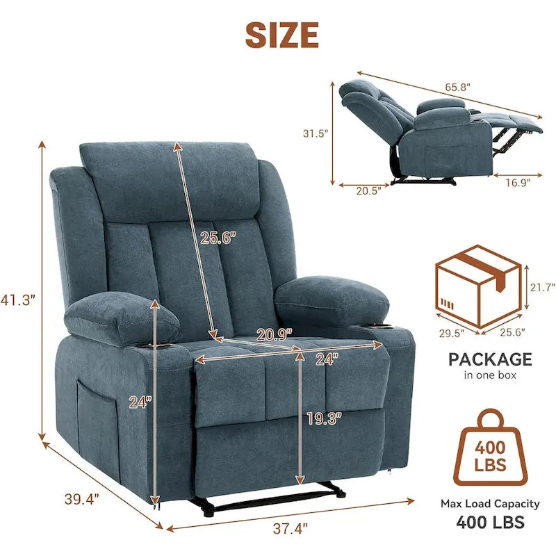 Recliner Chair with Massage Heating Overstuffed Deep Seat Rocker Blue Grey Brown