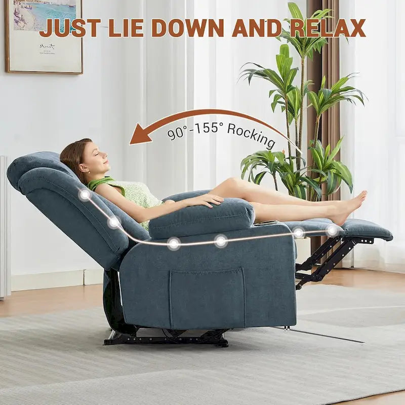 Recliner Chair with Massage Heating Overstuffed Deep Seat Rocker Blue Grey Brown