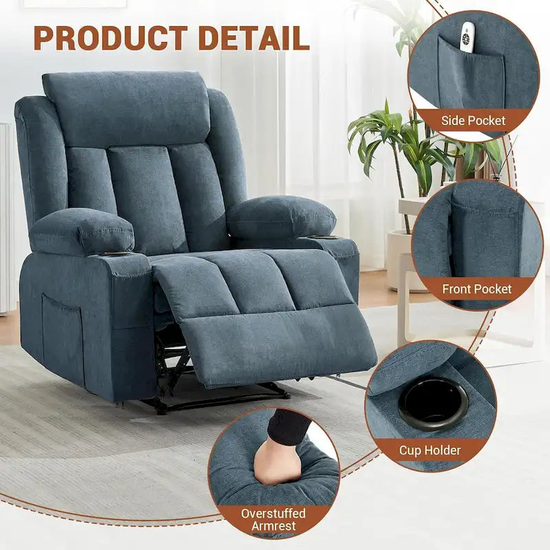 Recliner Chair with Massage Heating Overstuffed Deep Seat Rocker Blue Grey Brown