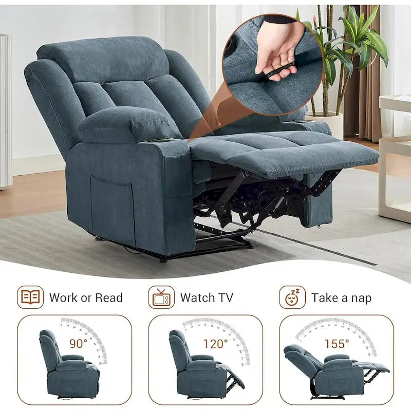 Recliner Chair with Massage Heating Overstuffed Deep Seat Rocker Blue Grey Brown
