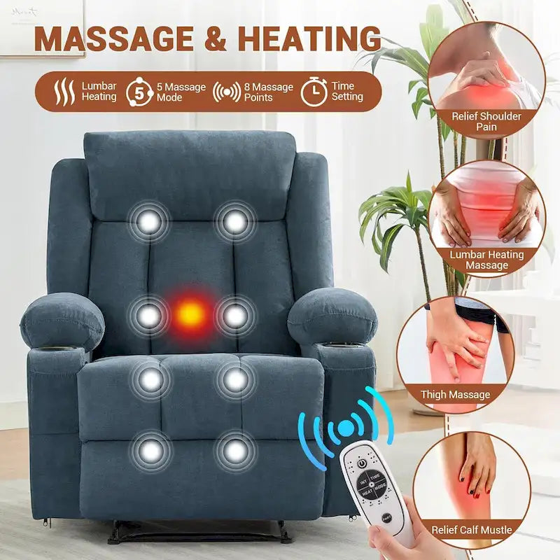 Recliner Chair with Massage Heating Overstuffed Deep Seat Rocker Blue Grey Brown