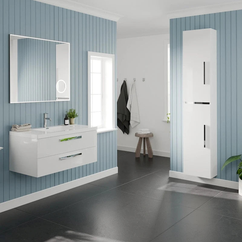 Glossy White Freestanding Linen Tower Cabinet with Soft-Close Doors