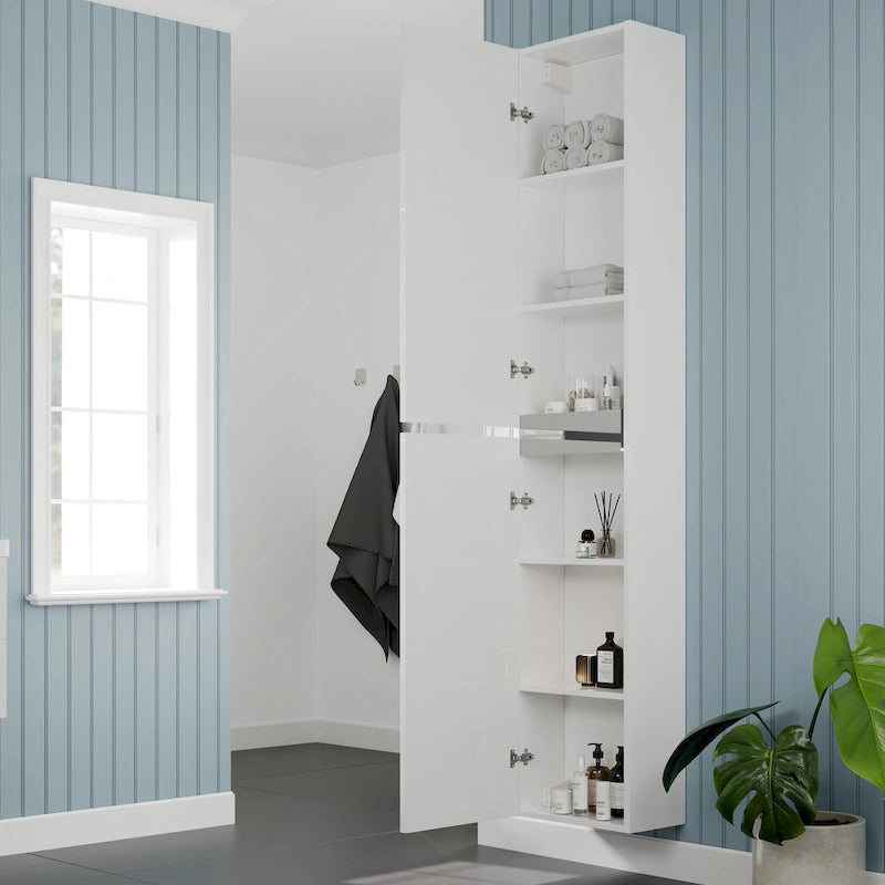 Glossy White Freestanding Linen Tower Cabinet with Soft-Close Doors