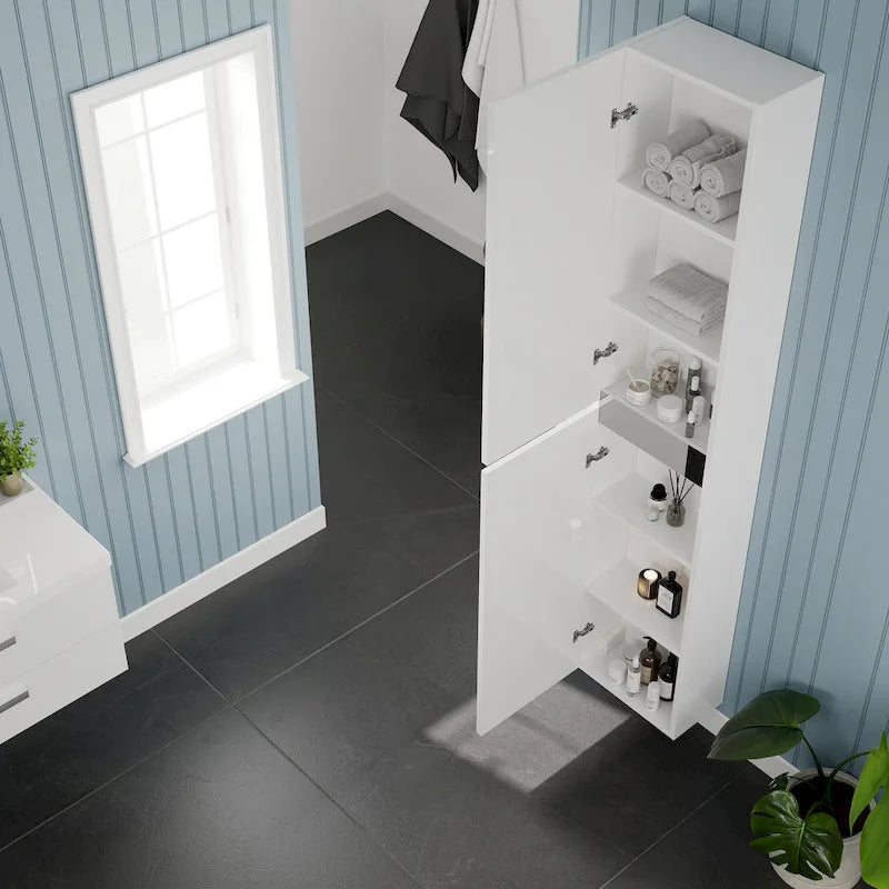 Glossy White Freestanding Linen Tower Cabinet with Soft-Close Doors