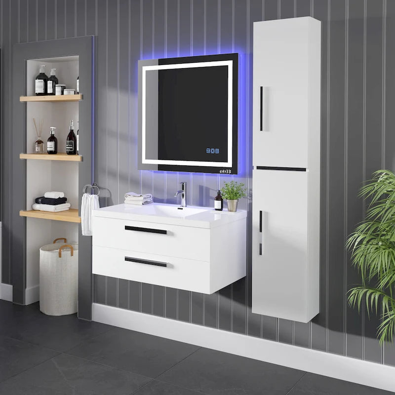 Glossy White Freestanding Linen Tower Cabinet with Soft-Close Doors