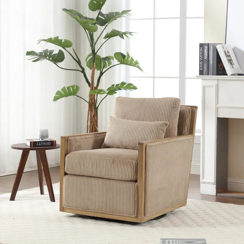 Camel Corduroy Swivel Accent Chair with Hardwood Frame and Lumbar Pillow