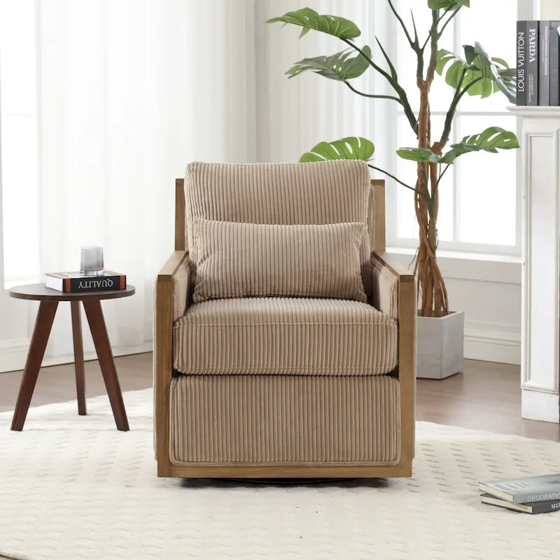 Camel Corduroy Swivel Accent Chair with Hardwood Frame and Lumbar Pillow