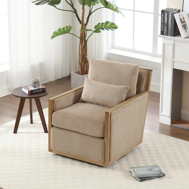 Camel Corduroy Swivel Accent Chair with Hardwood Frame and Lumbar Pillow