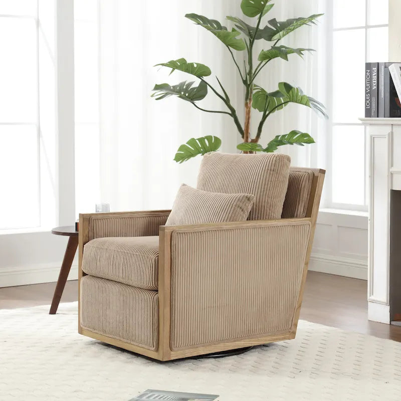 Camel Corduroy Swivel Accent Chair with Hardwood Frame and Lumbar Pillow