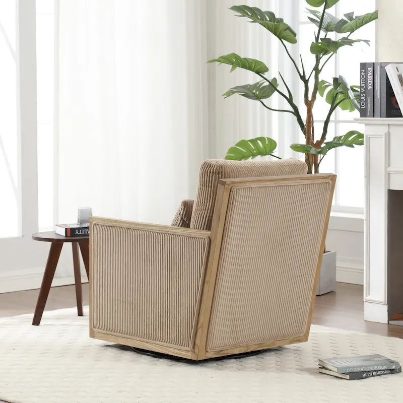 Camel Corduroy Swivel Accent Chair with Hardwood Frame and Lumbar Pillow