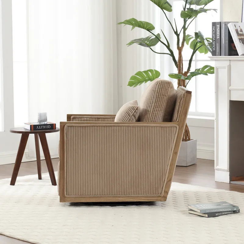 Camel Corduroy Swivel Accent Chair with Hardwood Frame and Lumbar Pillow