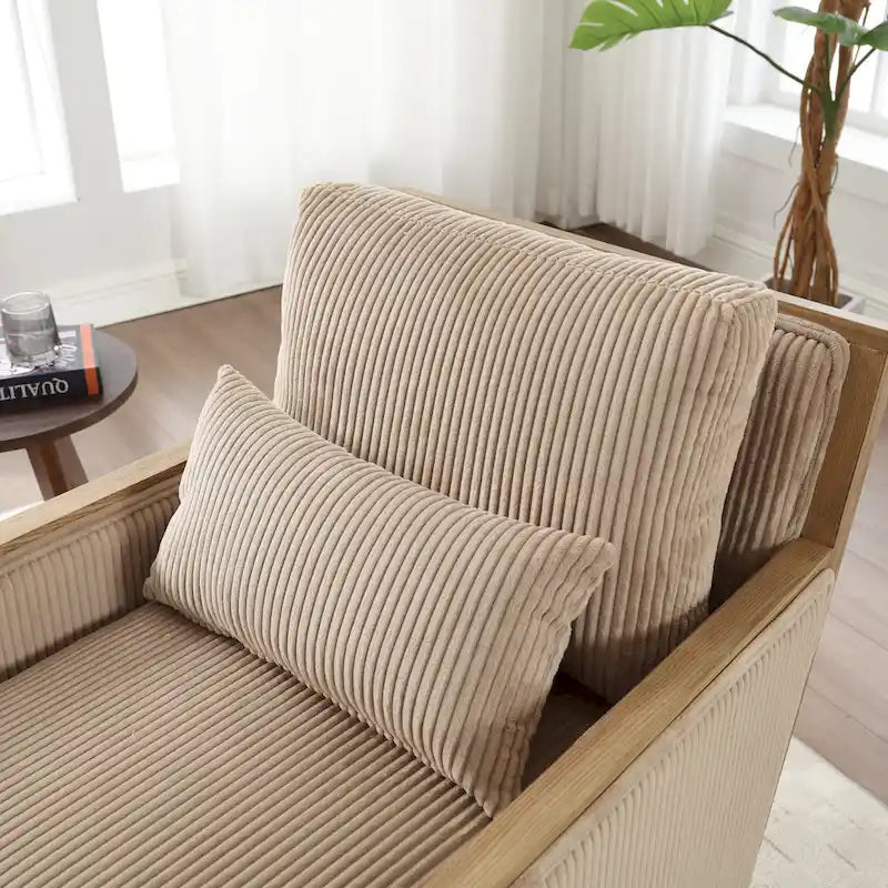 Camel Corduroy Swivel Accent Chair with Hardwood Frame and Lumbar Pillow