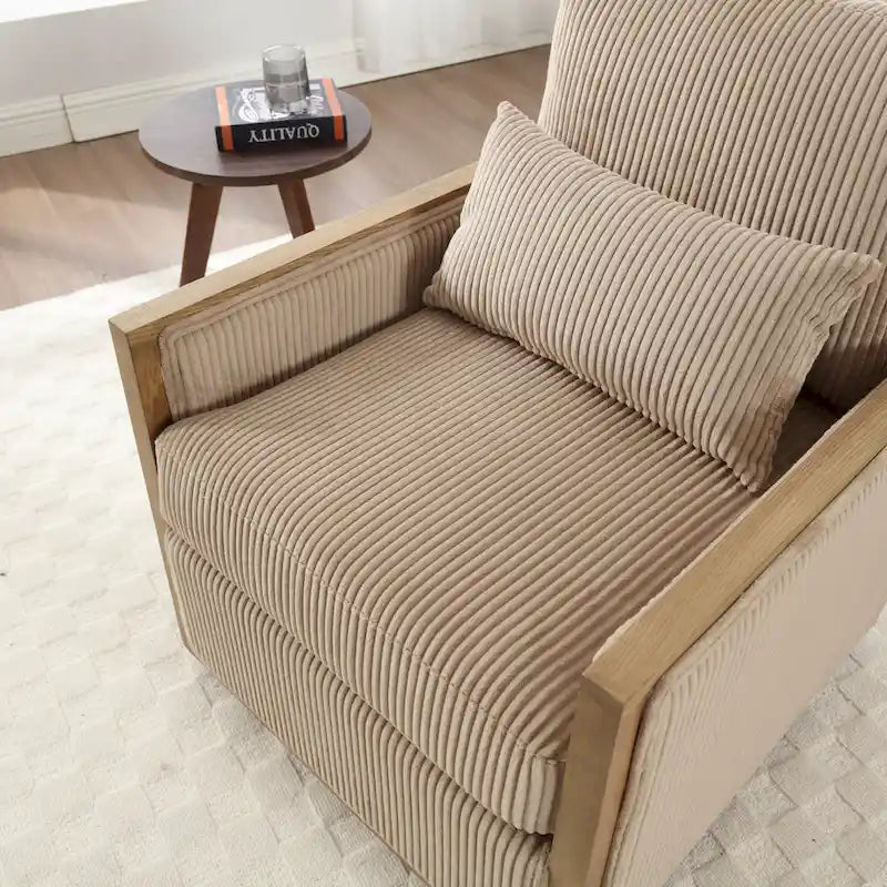 Camel Corduroy Swivel Accent Chair with Hardwood Frame and Lumbar Pillow