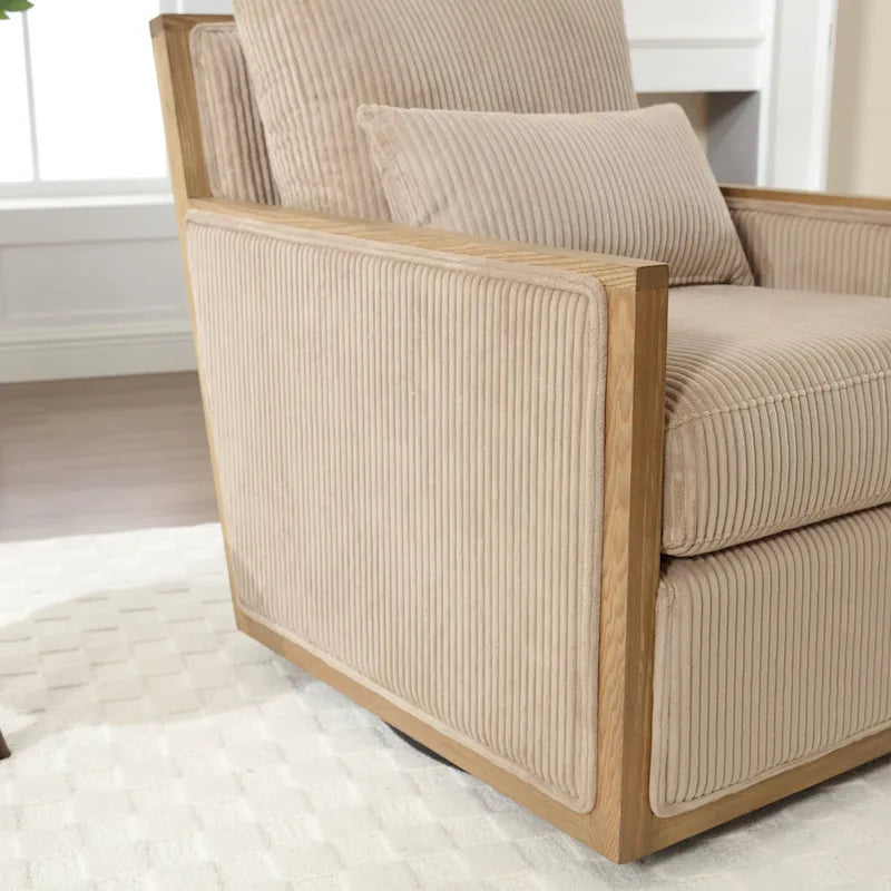 Camel Corduroy Swivel Accent Chair with Hardwood Frame and Lumbar Pillow