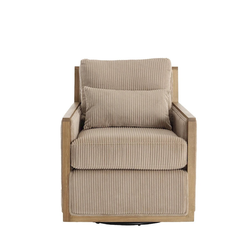 Camel Corduroy Swivel Accent Chair with Hardwood Frame and Lumbar Pillow