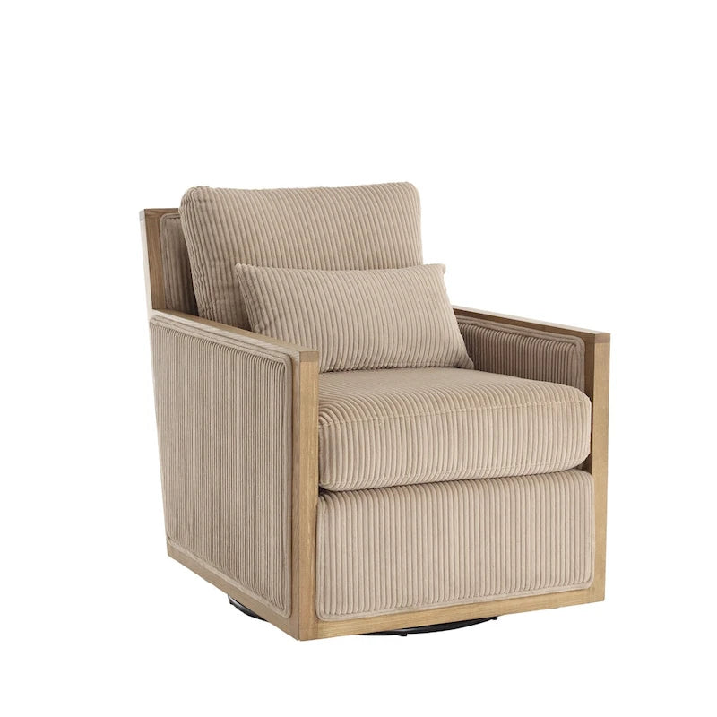 Camel Corduroy Swivel Accent Chair with Hardwood Frame and Lumbar Pillow