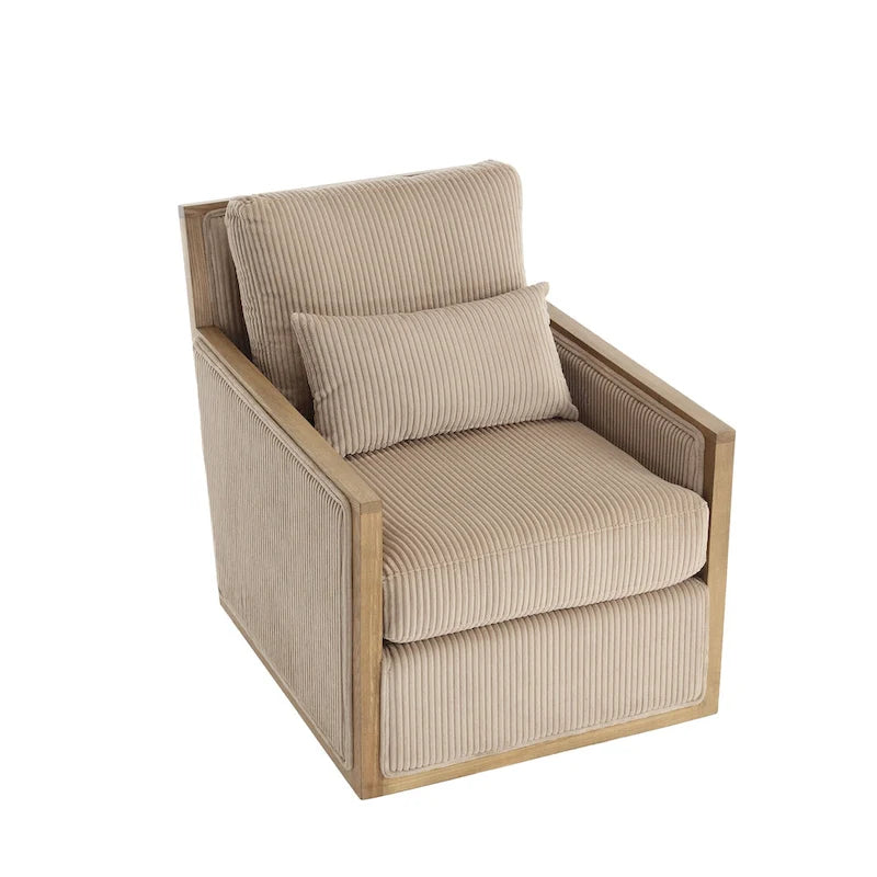 Camel Corduroy Swivel Accent Chair with Hardwood Frame and Lumbar Pillow