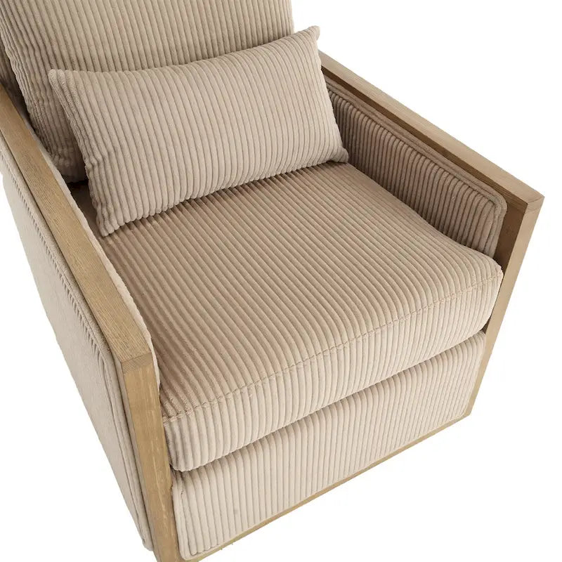 Camel Corduroy Swivel Accent Chair with Hardwood Frame and Lumbar Pillow