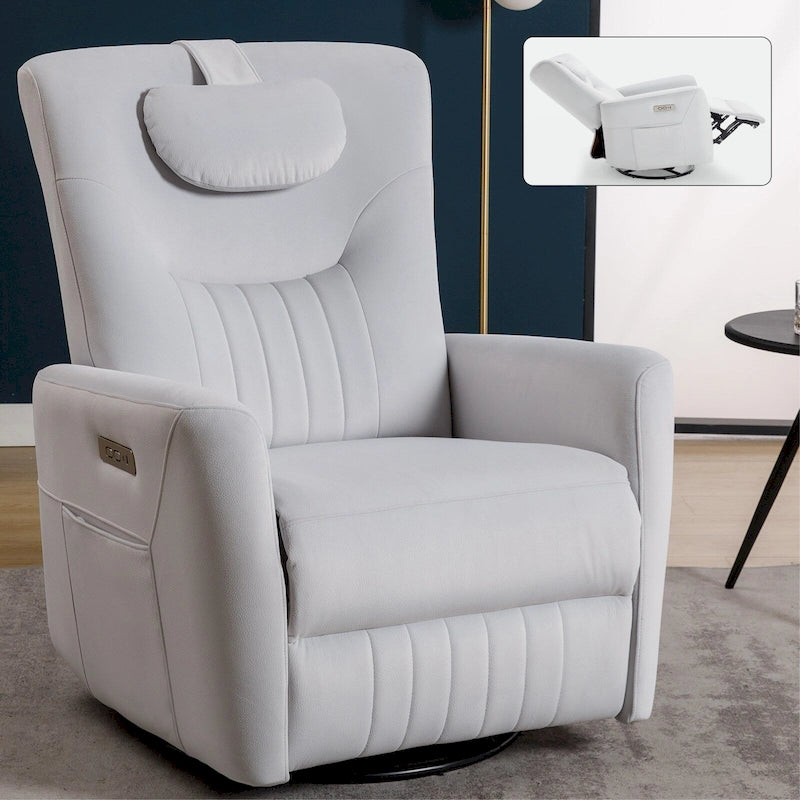 Electric Swivel Rocker Recliner Chair with Lumbar Neck Support Cushion Beige