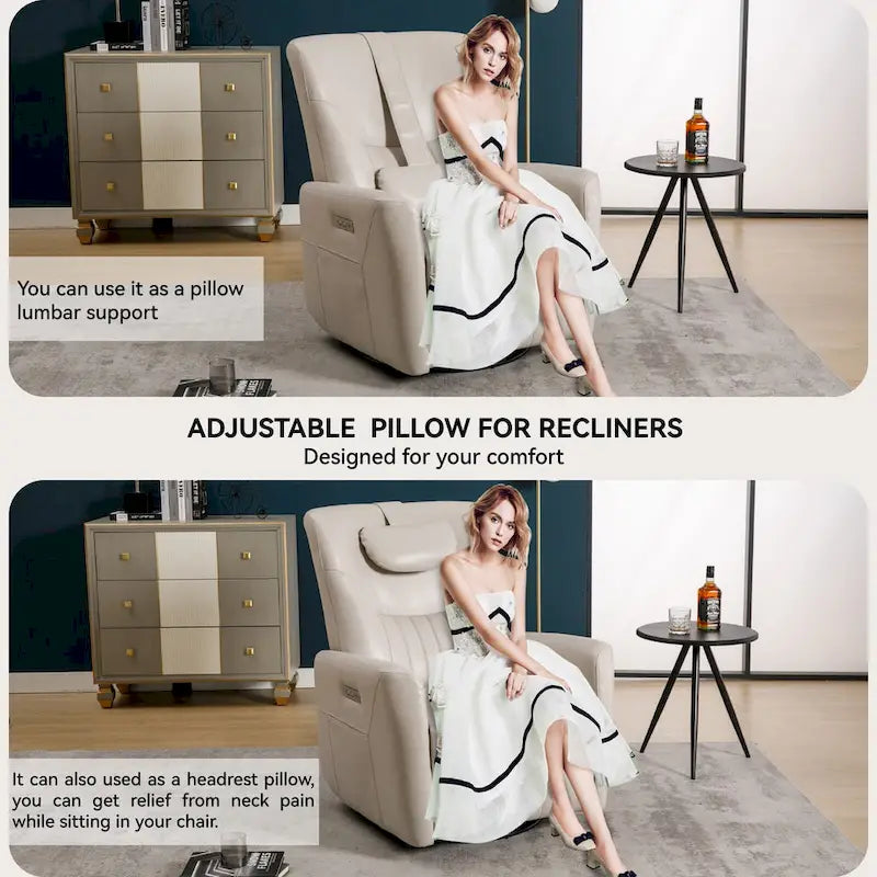 Electric Swivel Rocker Recliner Chair with Lumbar Neck Support Cushion Beige