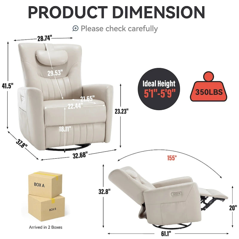 Electric Swivel Rocker Recliner Chair with Lumbar Neck Support Cushion Beige
