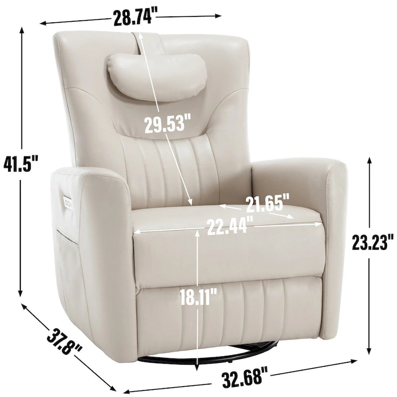 Electric Swivel Rocker Recliner Chair with Lumbar Neck Support Cushion Beige
