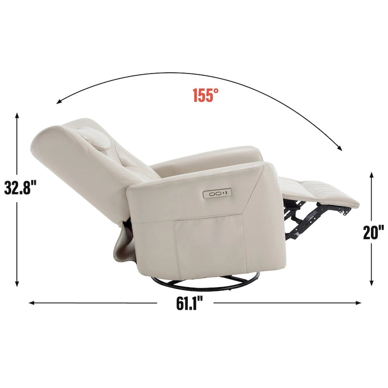 Electric Swivel Rocker Recliner Chair with Lumbar Neck Support Cushion Beige