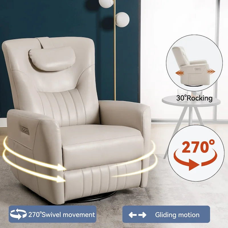 Electric Swivel Rocker Recliner Chair with Lumbar Neck Support Cushion Beige