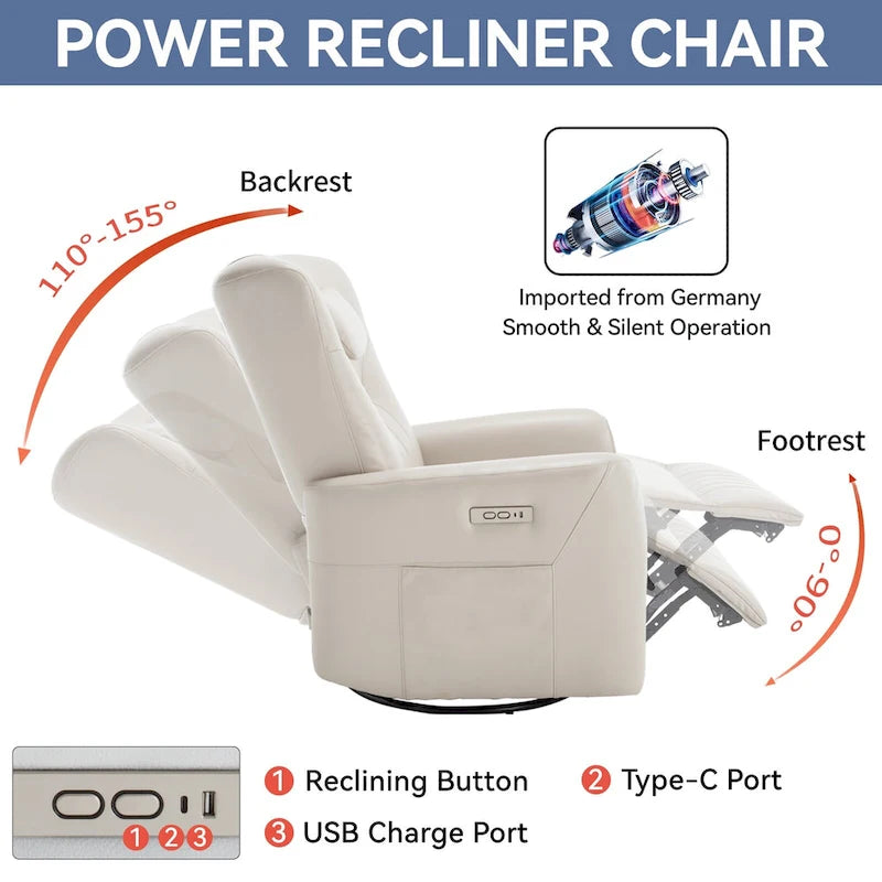 Electric Swivel Rocker Recliner Chair with Lumbar Neck Support Cushion Beige