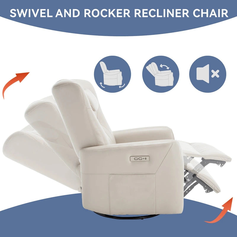 Electric Swivel Rocker Recliner Chair with Lumbar Neck Support Cushion Beige