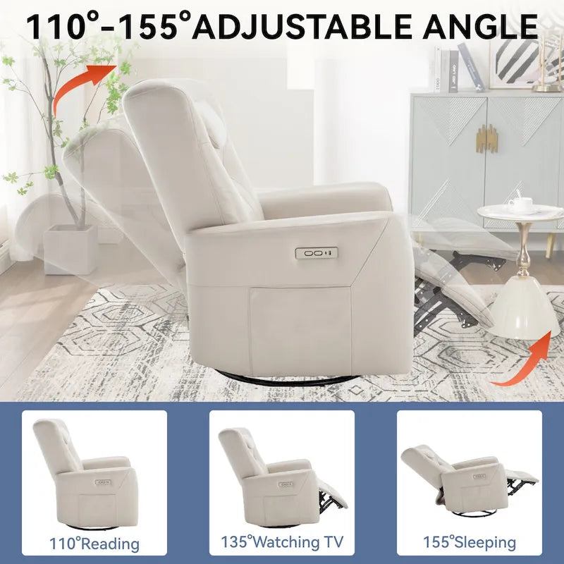 Electric Swivel Rocker Recliner Chair with Lumbar Neck Support Cushion Beige