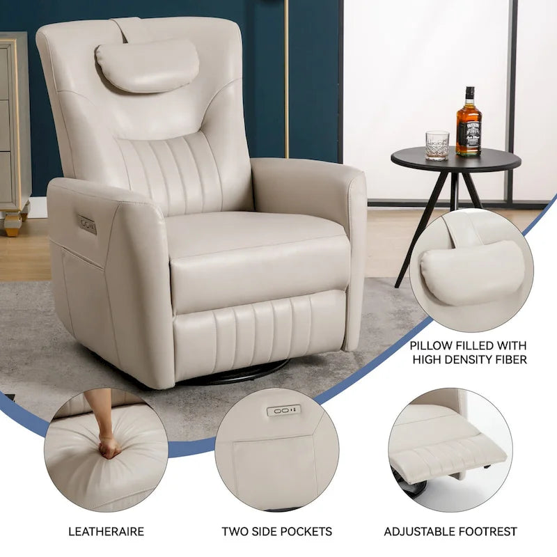 Electric Swivel Rocker Recliner Chair with Lumbar Neck Support Cushion Beige
