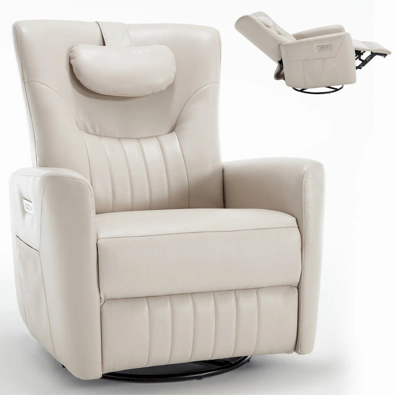 Electric Swivel Rocker Recliner Chair with Lumbar Neck Support Cushion Beige