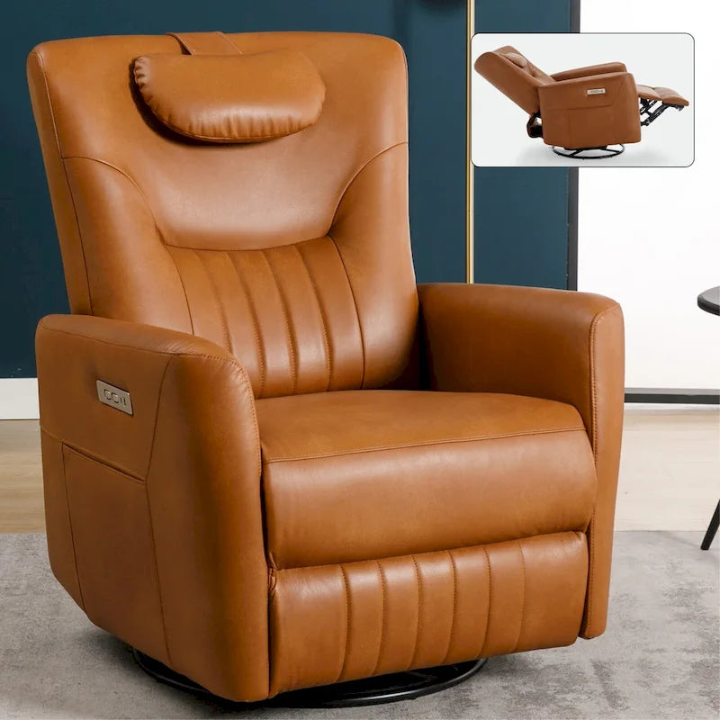 Electric Swivel Rocker Recliner Chair with Lumbar Neck Support Cushion Beige