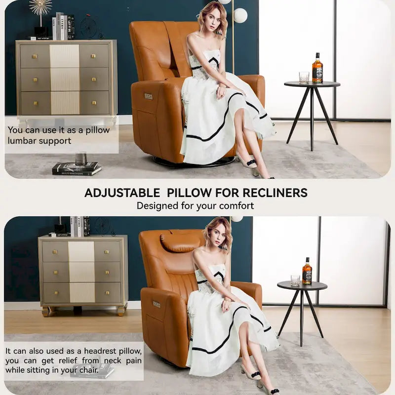 Electric Swivel Rocker Recliner Chair with Lumbar Neck Support Cushion Beige