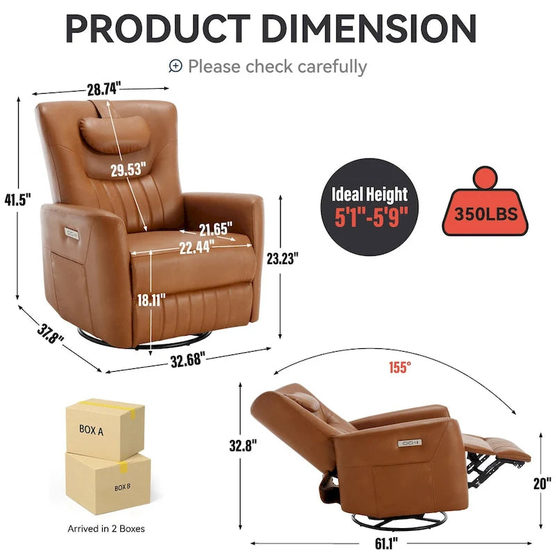 Electric Swivel Rocker Recliner Chair with Lumbar Neck Support Cushion Beige