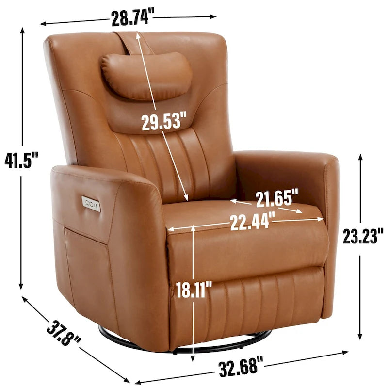 Electric Swivel Rocker Recliner Chair with Lumbar Neck Support Cushion Beige