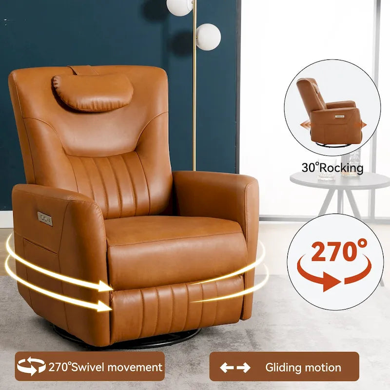 Electric Swivel Rocker Recliner Chair with Lumbar Neck Support Cushion Beige