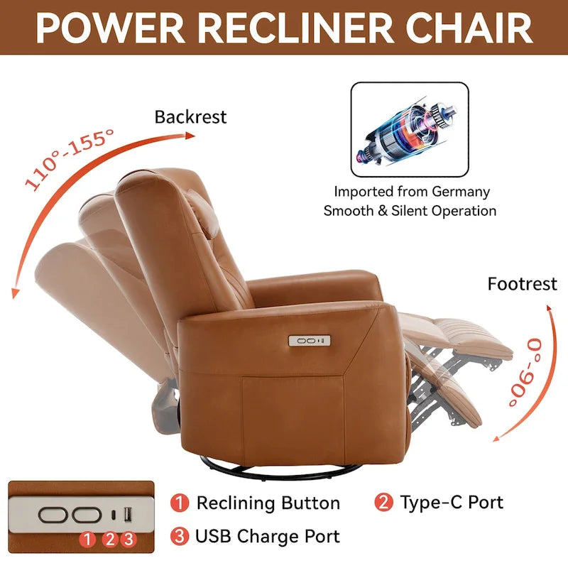 Electric Swivel Rocker Recliner Chair with Lumbar Neck Support Cushion Beige
