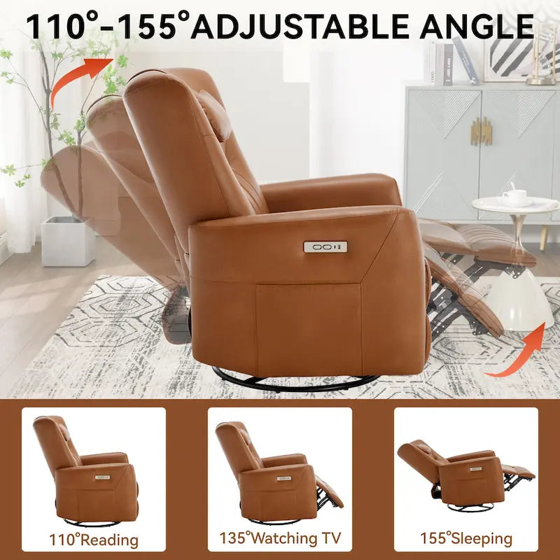 Electric Swivel Rocker Recliner Chair with Lumbar Neck Support Cushion Beige
