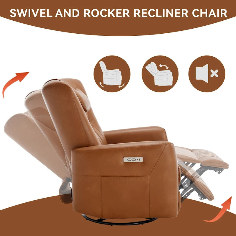 Electric Swivel Rocker Recliner Chair with Lumbar Neck Support Cushion Beige