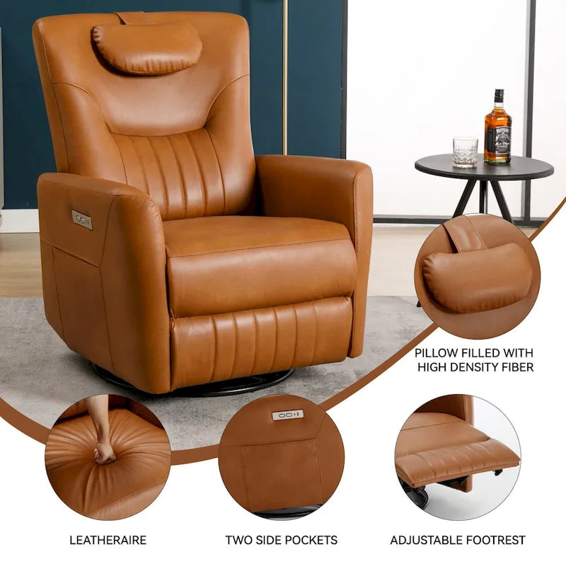 Electric Swivel Rocker Recliner Chair with Lumbar Neck Support Cushion Beige
