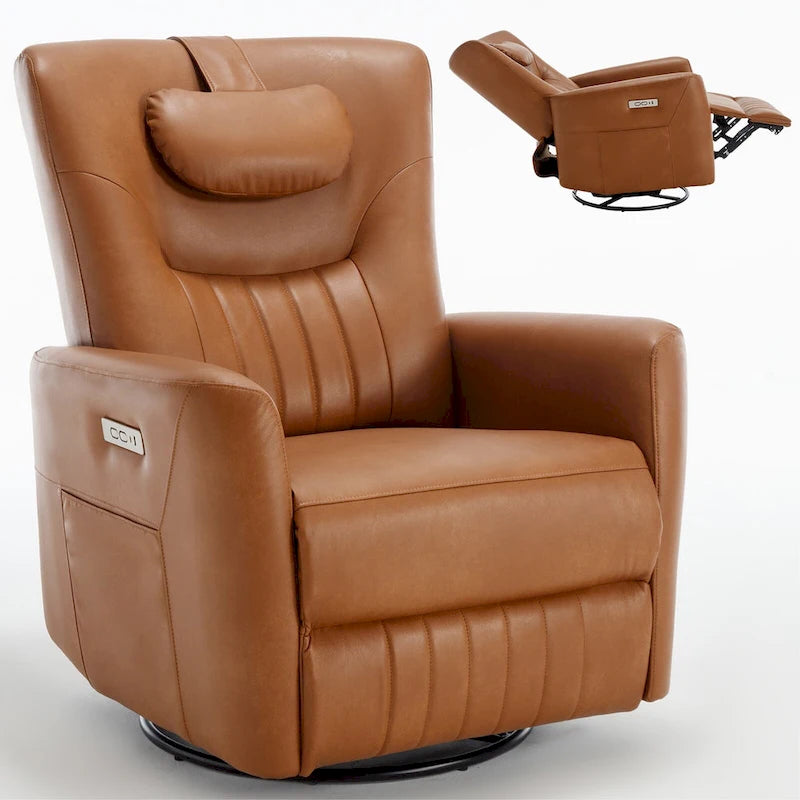 Electric Swivel Rocker Recliner Chair with Lumbar Neck Support Cushion Beige