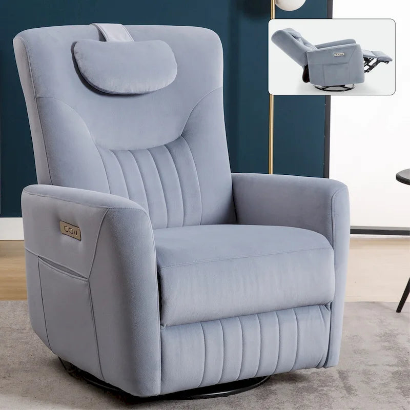 Electric Swivel Rocker Recliner Chair with Lumbar Neck Support Cushion Beige
