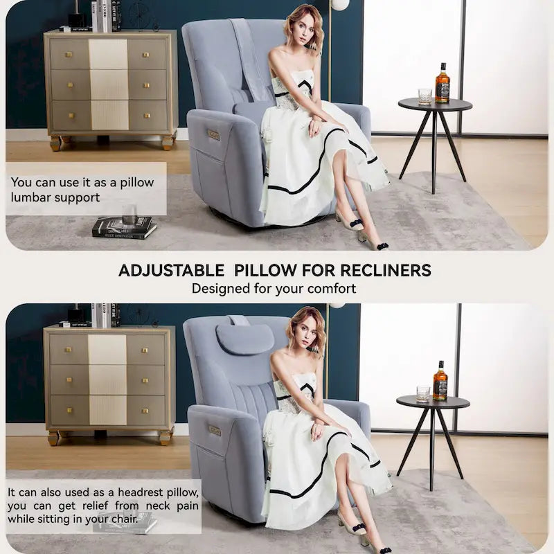 Electric Swivel Rocker Recliner Chair with Lumbar Neck Support Cushion Beige