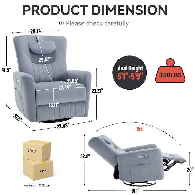 Electric Swivel Rocker Recliner Chair with Lumbar Neck Support Cushion Beige