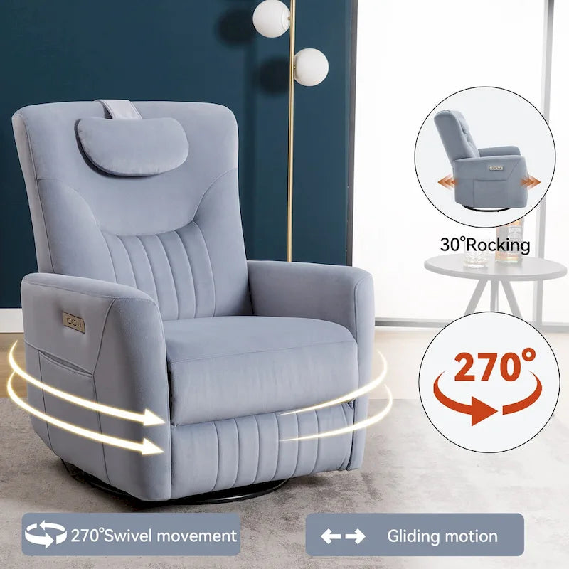 Electric Swivel Rocker Recliner Chair with Lumbar Neck Support Cushion Beige